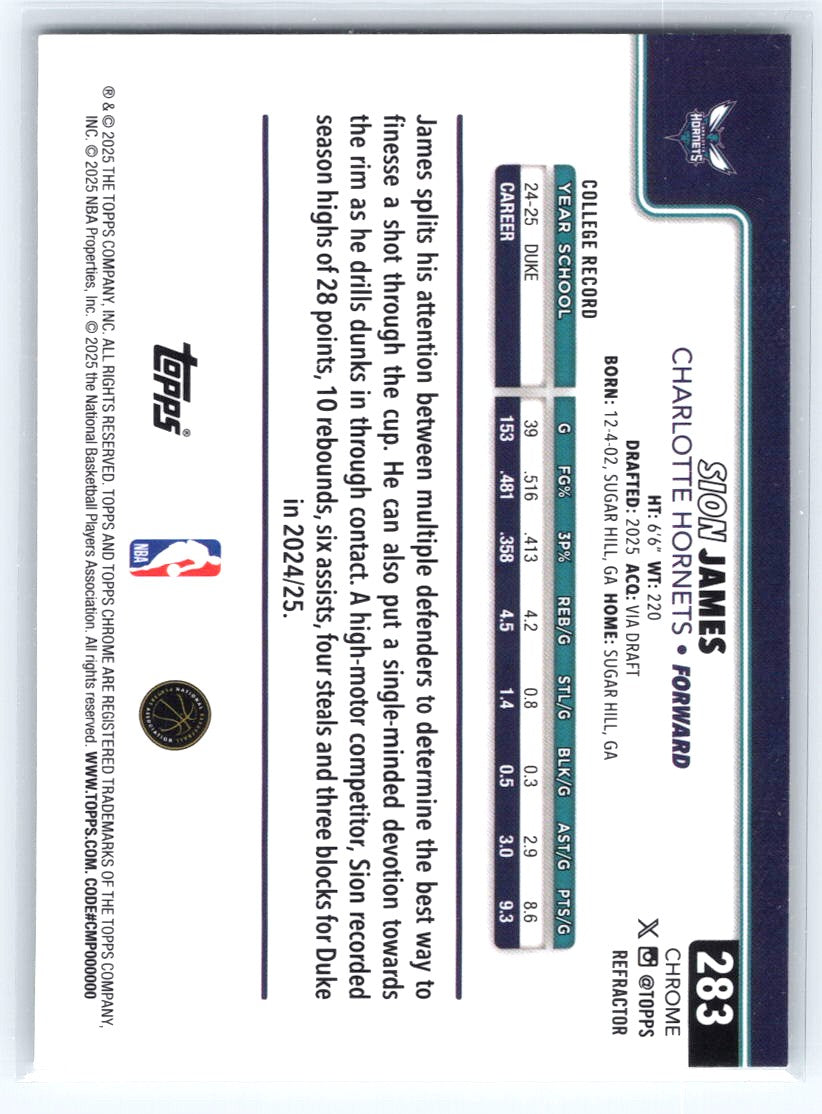 2025-26 Topps Chrome #283 Sion James Refractor