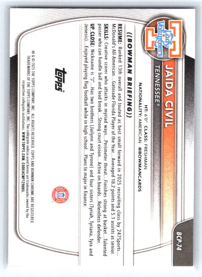2025-26 Bowman #BCP-74 Jaida Civil Chrome Prospects Reptilian Refractor