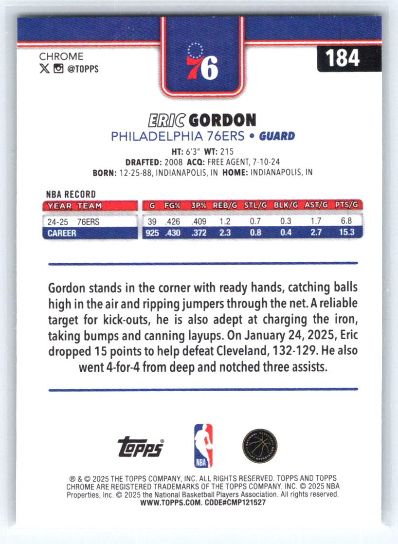 2025-26 Topps Chrome #184 Eric Gordon Green Wave Refractor #/99