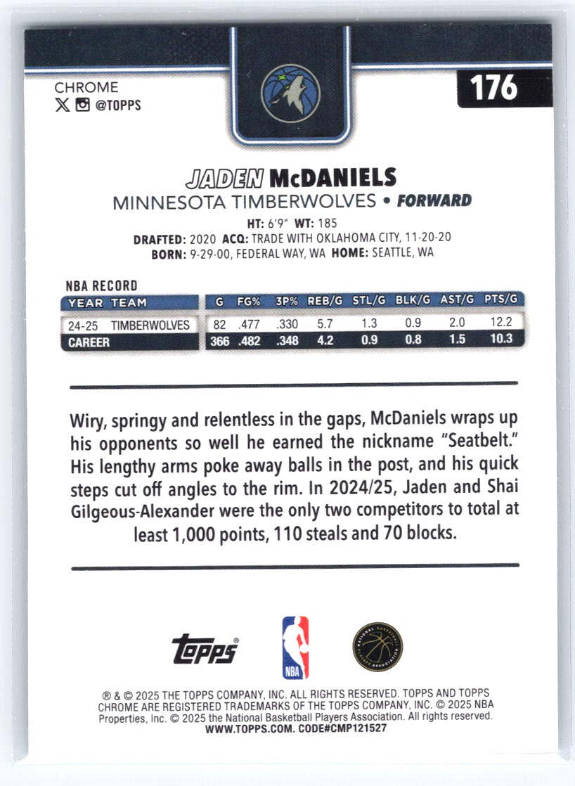 2025-26 Topps Chrome #176 Jaden McDaniels Prism Refractor