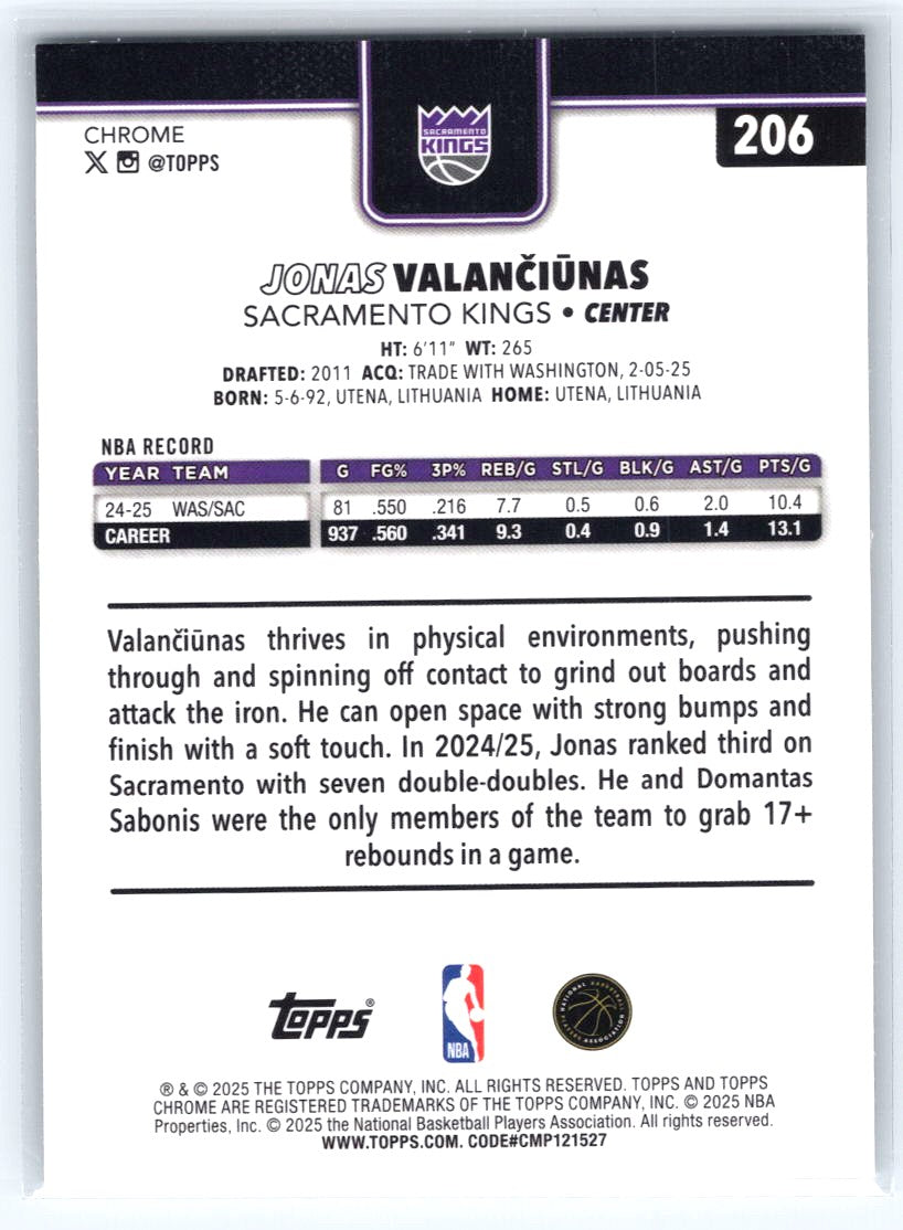 2025-26 Topps Chrome #206 Jonas Valančiūnas Prism Refractor