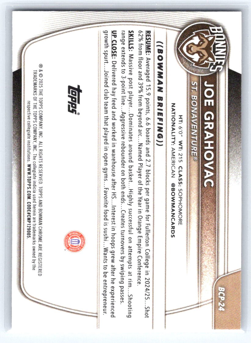 2025-26 Bowman #BCP-24 Joe Grahovac Chrome Prospects Purple Mojo Refractor #/250