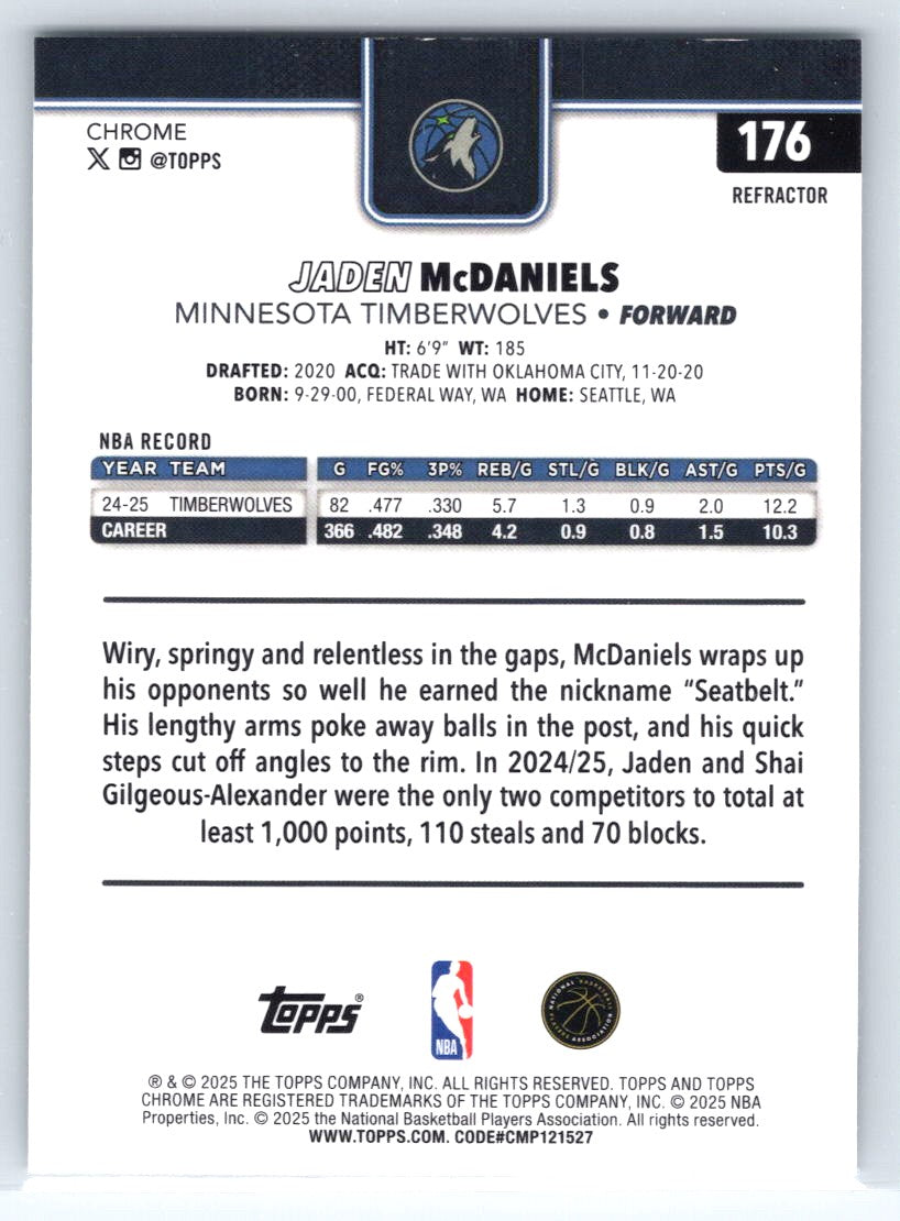 2025-26 Topps Chrome #176 Jaden McDaniels Refractor