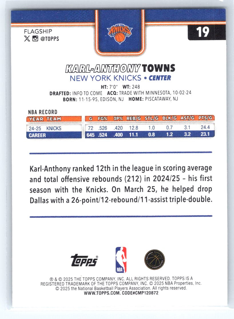 2025-26 Topps #19 Karl-Anthony Towns Sandglitter