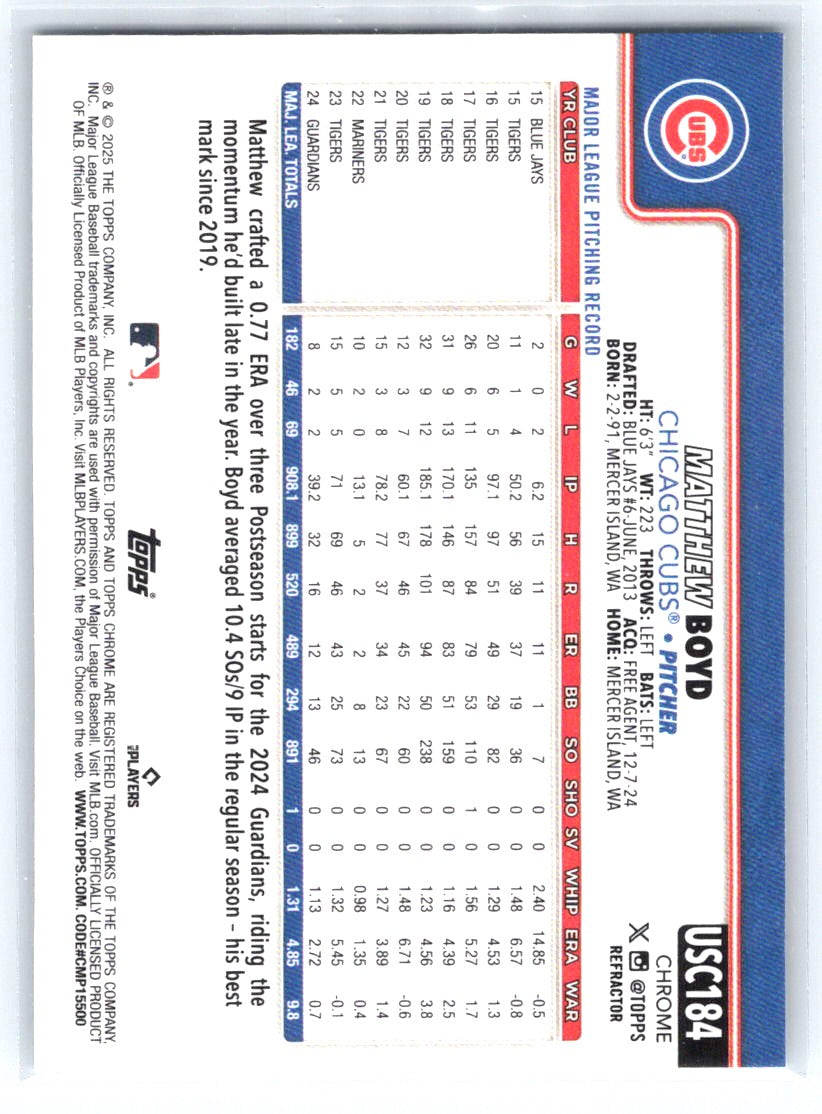 2025 Topps Chrome Update #USC184 Matthew Boyd Refractors