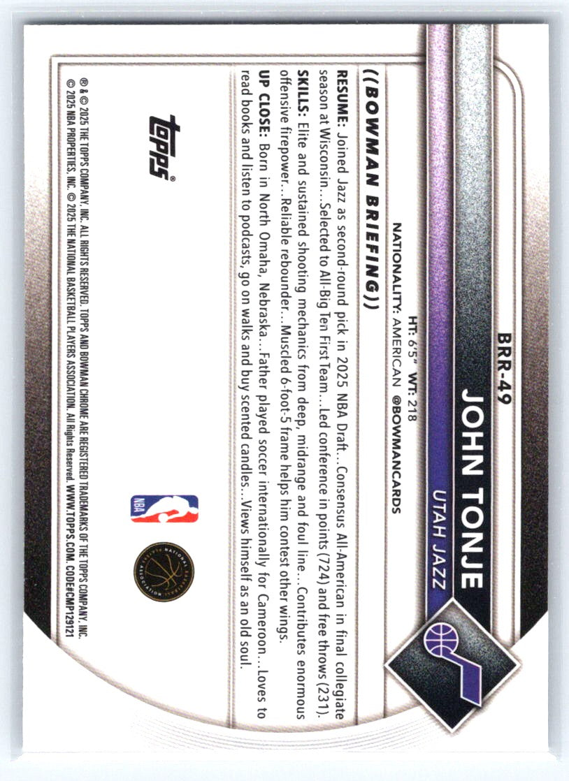 2025-26 Bowman #49 John Tonje Red Rookie