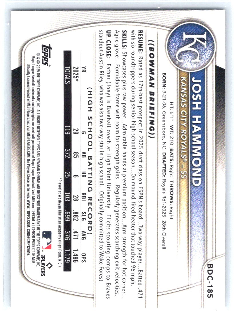 2025 Bowman Draft #BDC-185 Josh Hammond Chrome Mojo Refractor