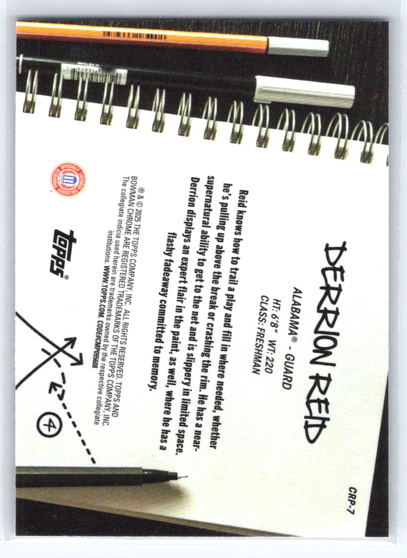 2024-25 Bowman University Chrome #CRP-7 Derrion Reid College Rule Playbook