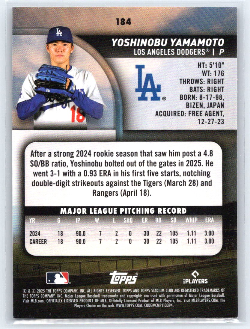 2025 Stadium Club #184 Yoshinobu Yamamoto