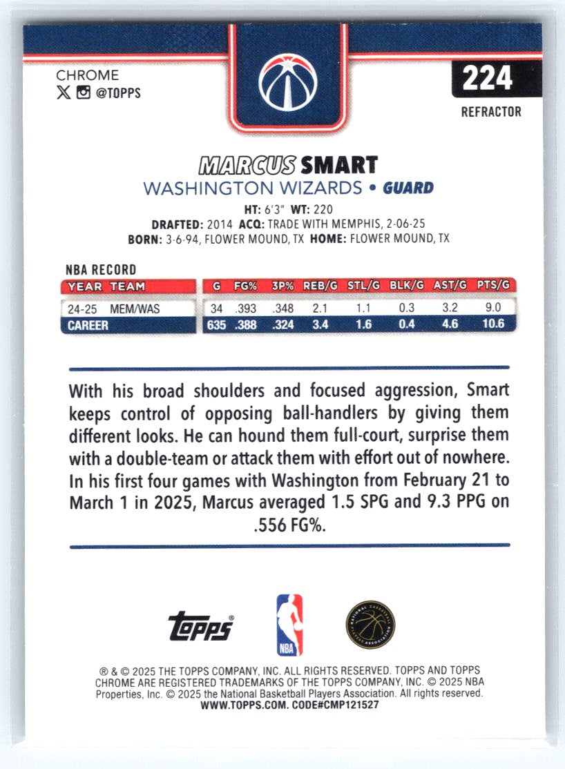 2025-26 Topps Chrome #224 Marcus Smart Refractor
