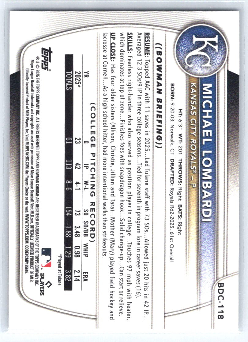 2025 Bowman Draft #BDC-118 Michael Lombardi Chrome Mojo Refractor