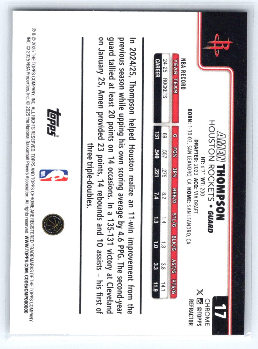 2025-26 Topps Chrome #17 Amen Thompson Refractor