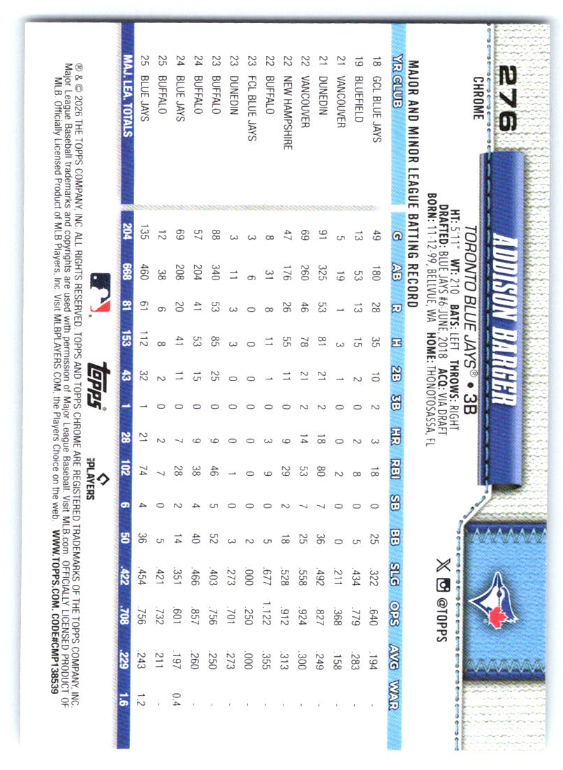 2026 Topps Chrome #276 Addison Barger