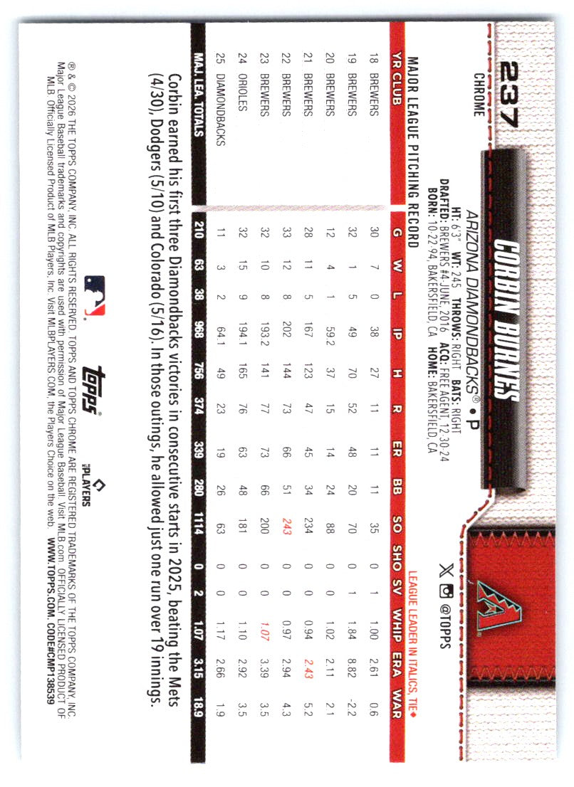 2026 Topps Chrome #237 Corbin Burnes