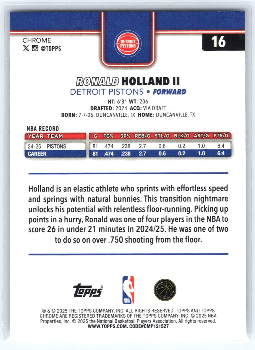 2025-26 Topps Chrome #16 Ron Holland II X-Fractor