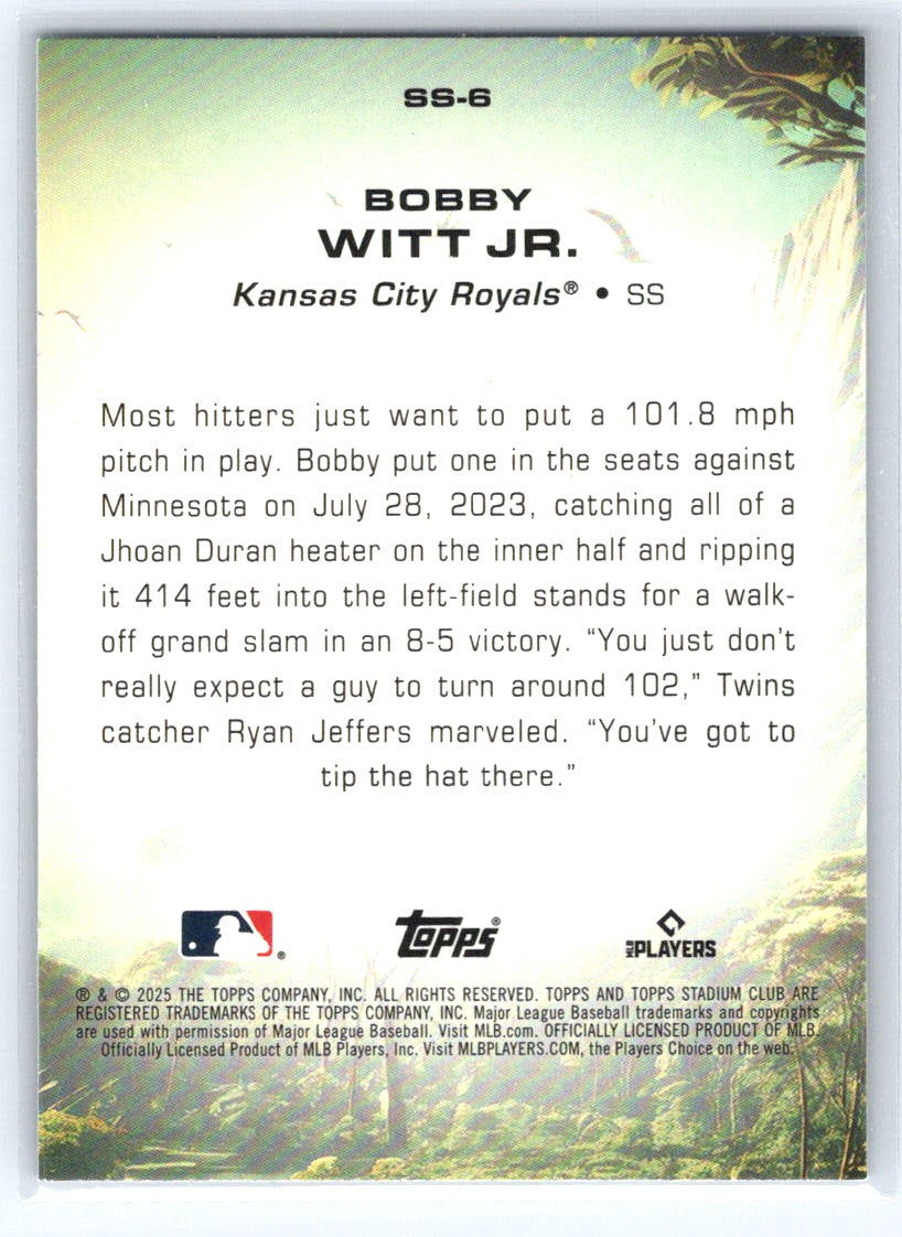 2025 Stadium Club #SS-6 Bobby Witt Jr. Savage Sluggers Turquoise Foil #/99