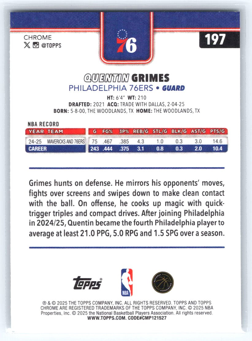 2025-26 Topps Chrome #197 Quentin Grimes Wave Refractor