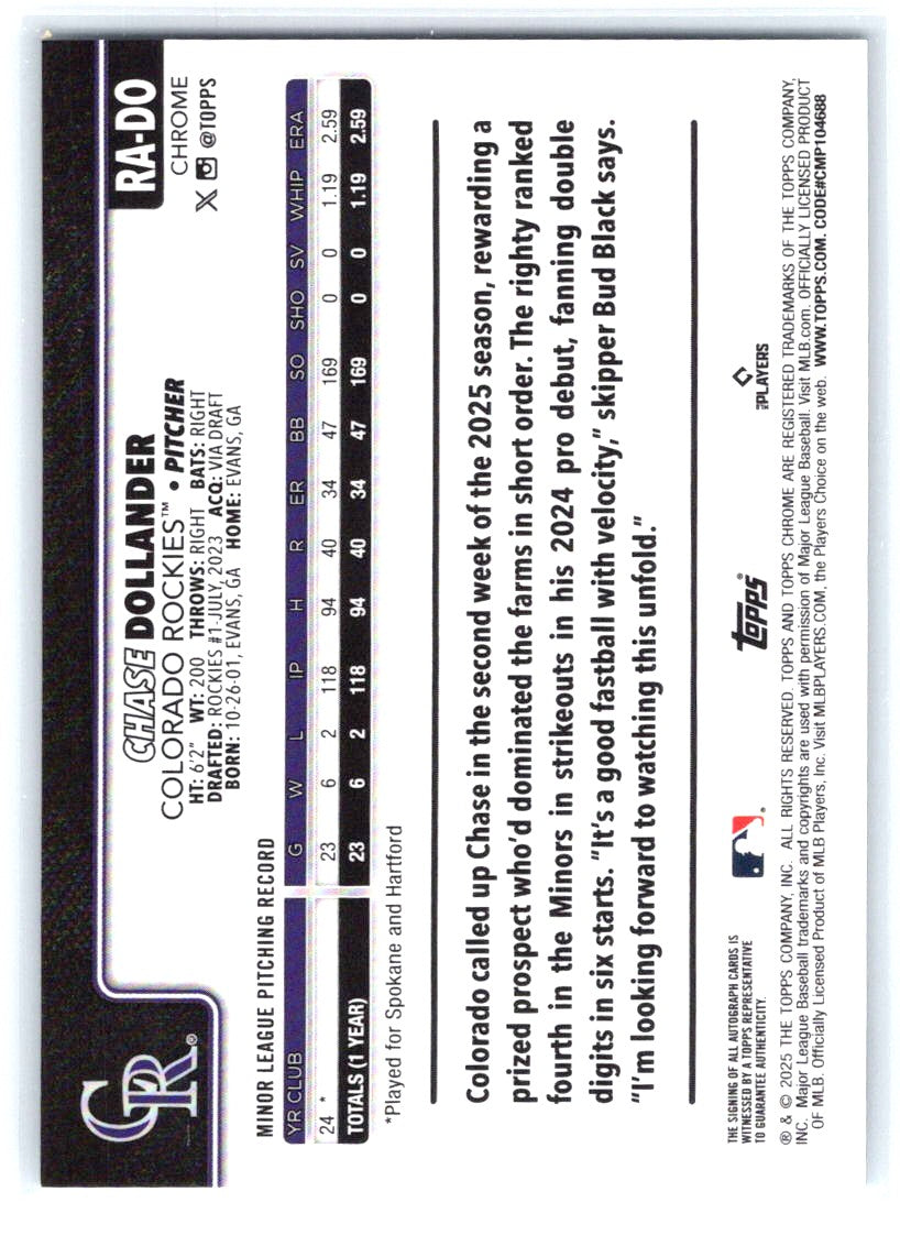 2025 Topps Chrome Update #RA-DO Chase Dollander Chrome Update Autographs