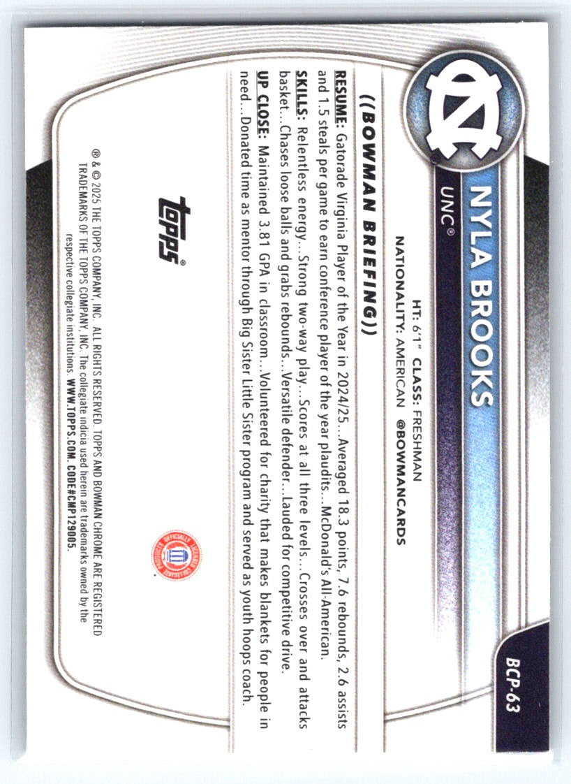 2025-26 Bowman #BCP-63 Nyla Brooks Chrome Prospects Reptilian Refractor