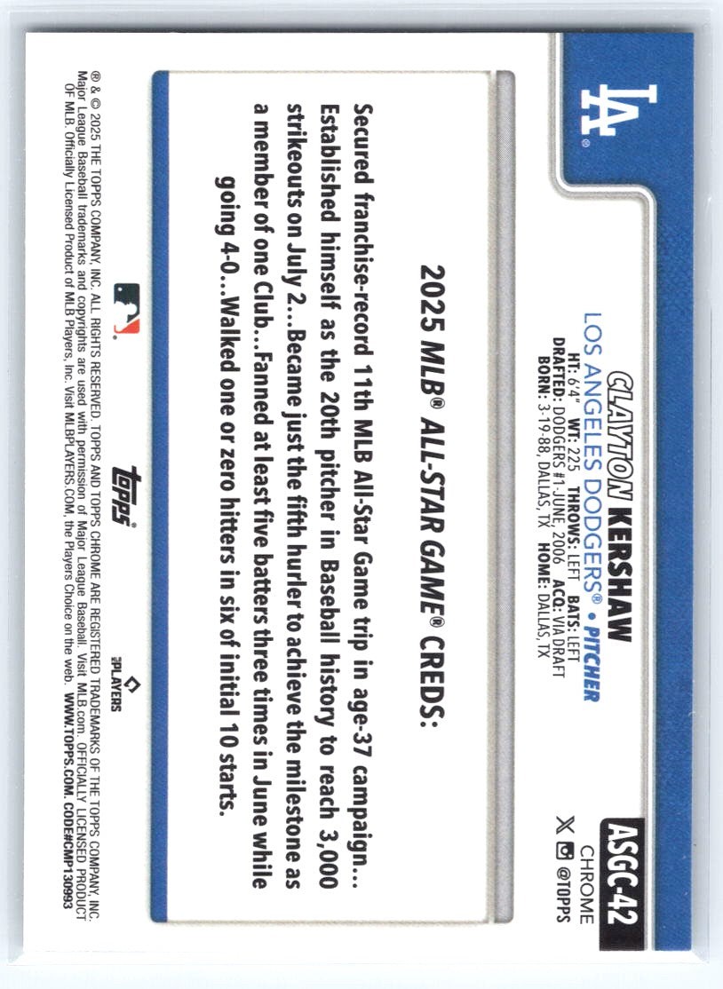 2025 Topps Chrome Update #ASGC-42 Clayton Kershaw 2025 All-Star Game