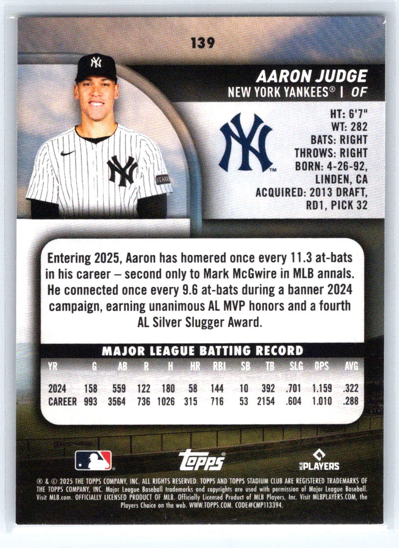 2025 Stadium Club #139 Aaron Judge