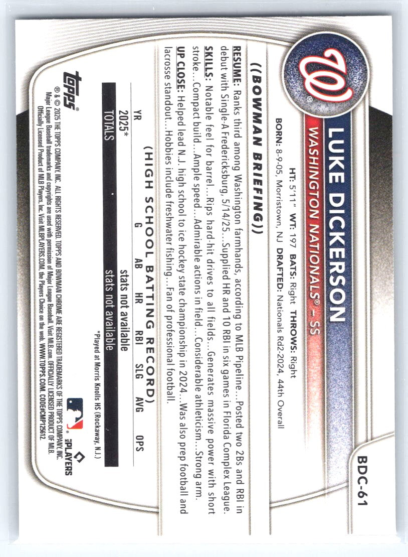 2025 Bowman Draft #BDC-61 Luke Dickerson Chrome Laser Refractor