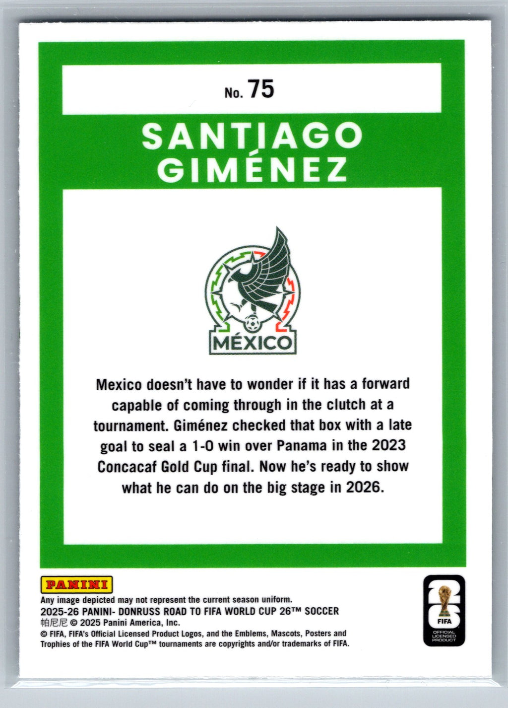 2025-26 Donruss Road to FIFA World Cup #75 Santiago Gimenez Optic