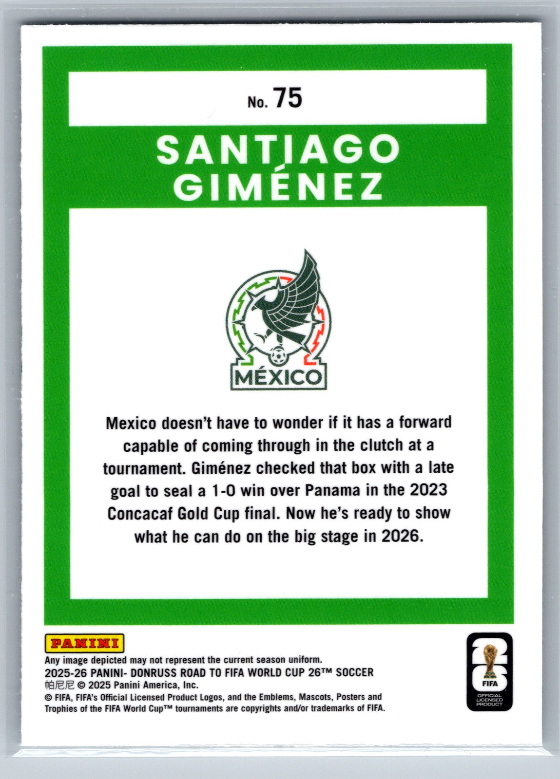 2025-26 Donruss Road to FIFA World Cup #75 Santiago Gimenez Optic
