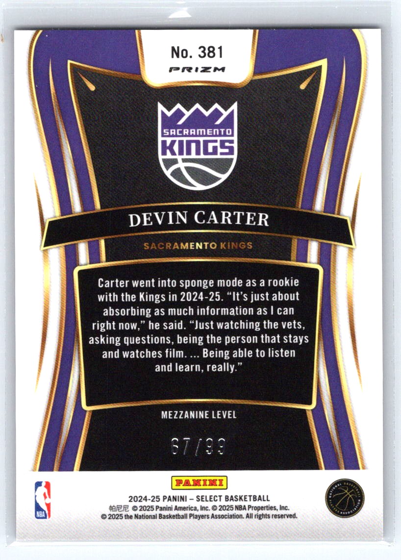 2024-25 Panini Select #381 Devin Carter Purple Cracked Ice Prizm #/99