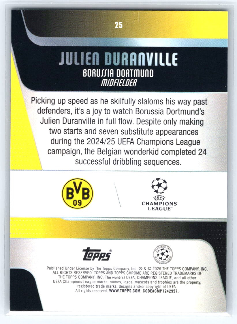 2025-26 Topps Chrome UEFA #25 Julien Duranville Teal Refractor #/299