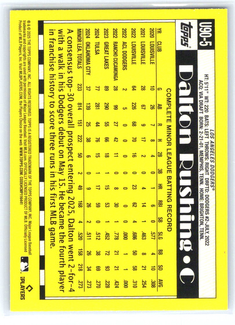 2025 Topps Update #U90-5 Dalton Rushing 1990 Topps Baseball 35th Anniversary