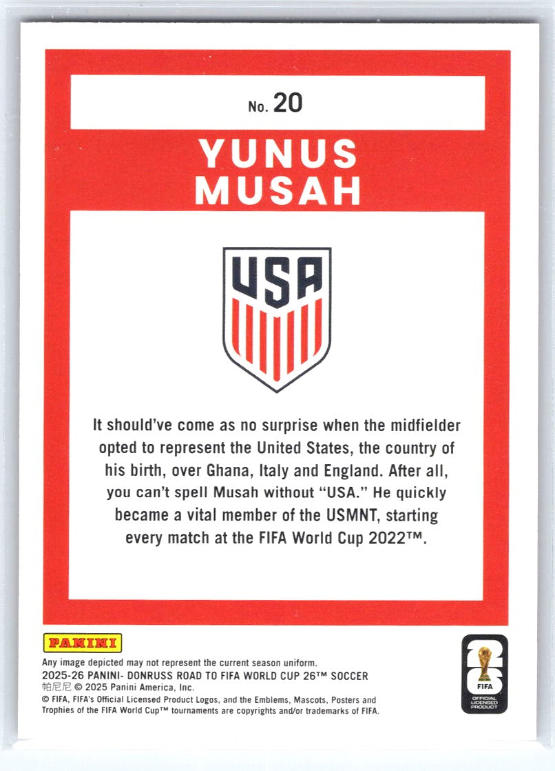 2025-26 Donruss Road to FIFA World Cup #20 Yunus Musah Red #/75