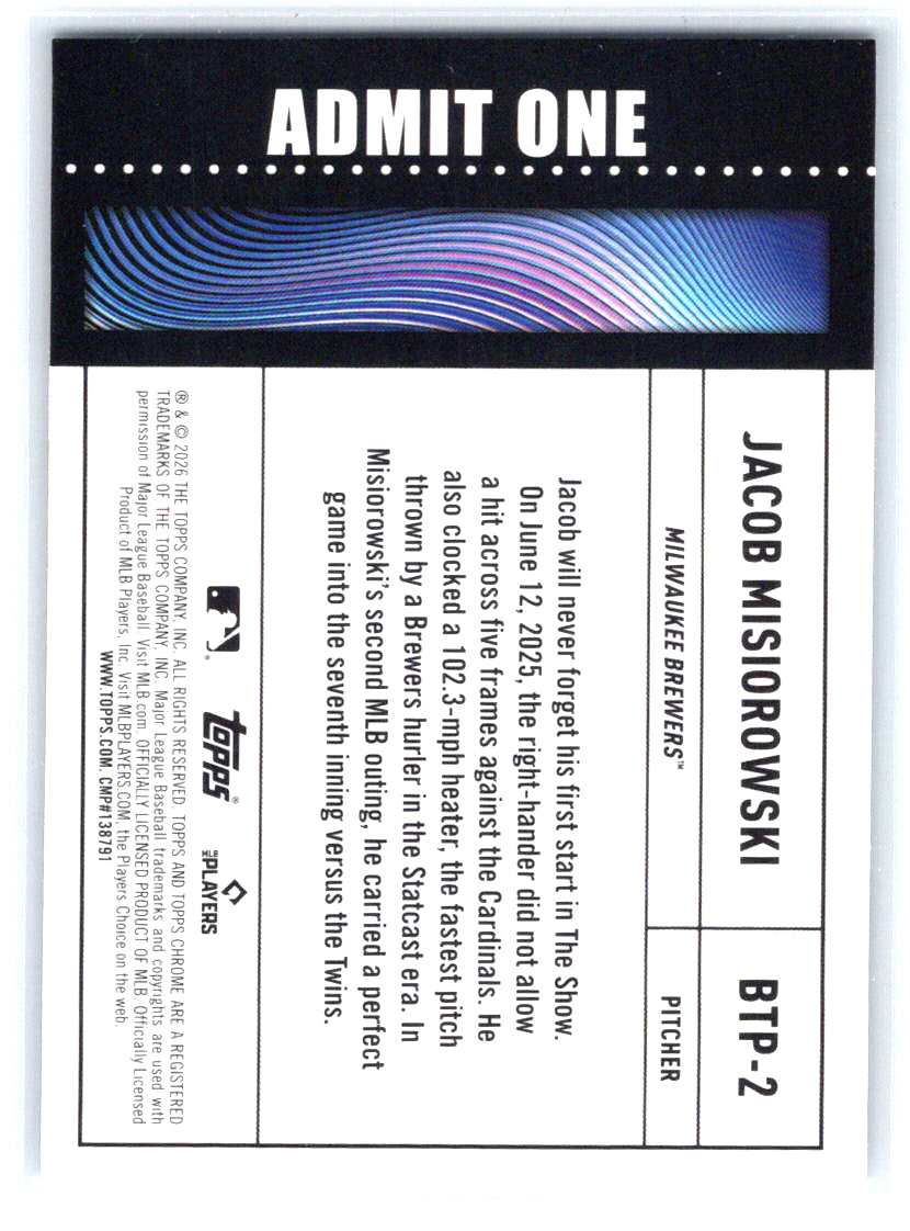 2026 Topps Chrome #BTP-2 Jacob Misiorowski Big Ticket Players