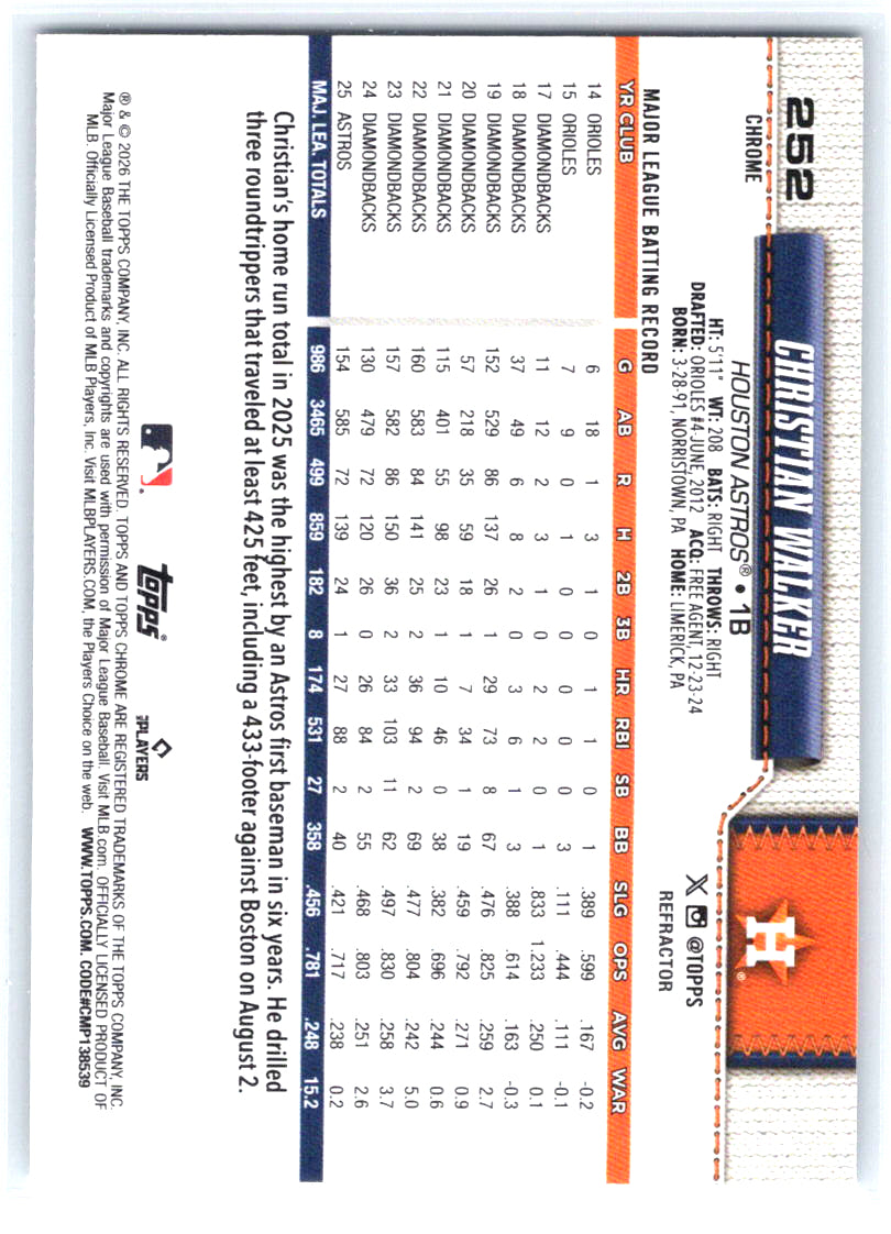 2026 Topps Chrome #252 Christian Walker Refractors