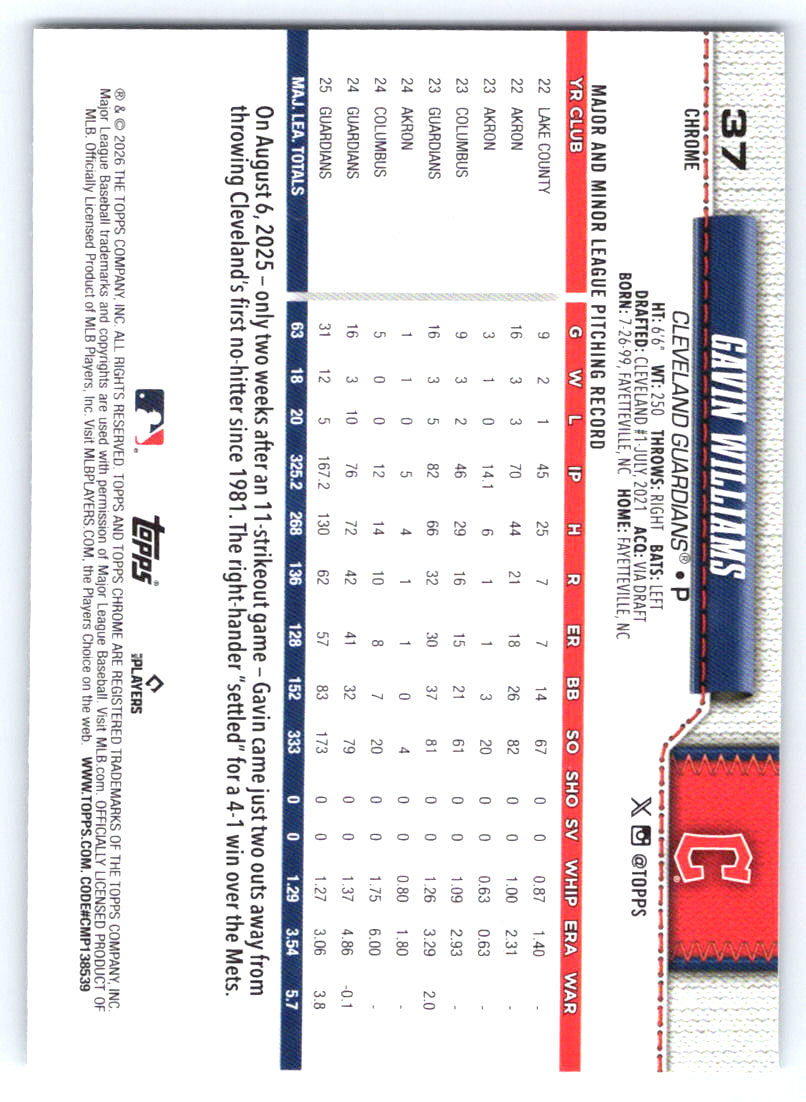 2026 Topps Chrome #37 Gavin Williams