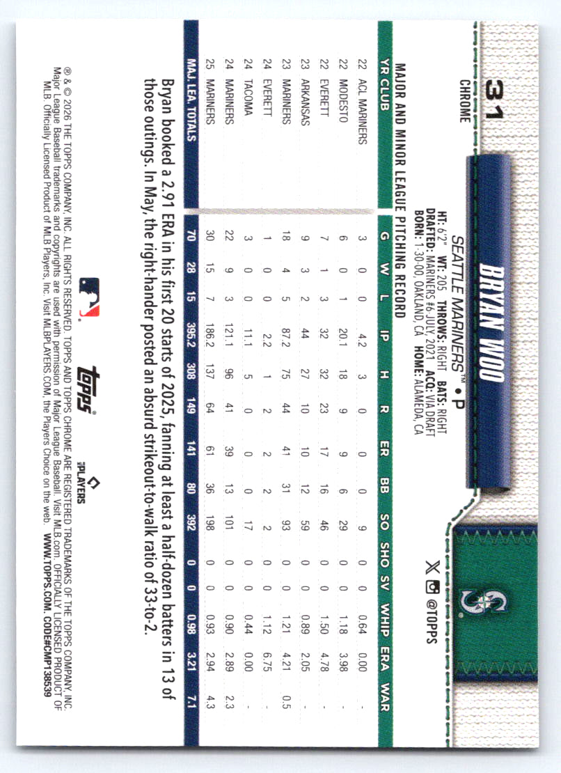2026 Topps Chrome #31 Bryan Woo